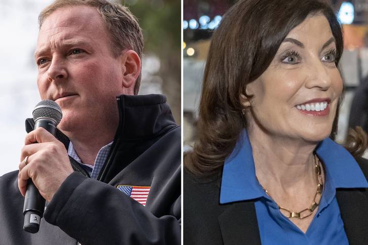 Split screen image of Rep. Lee Zeldin, a Republican (on the left) and incumbent Gov. Kathy Hochul (on the right), at separate campaign events on Oct. 31.